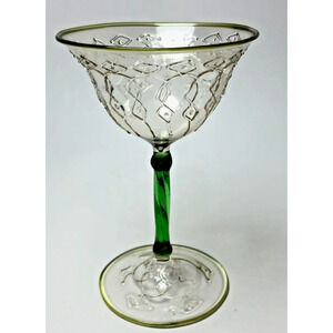 Vintage BIMINI Green Stem Art Glass Cordial Wine Goblet Applied Design Art Deco